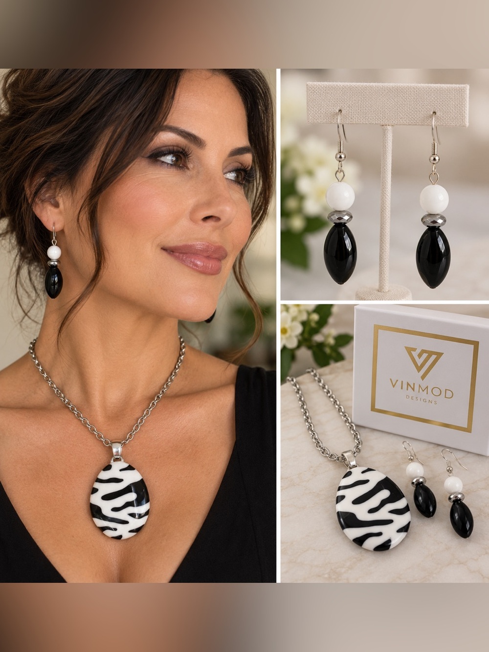 VINMOD Designs Repurposed Black & White Zebra Necklace & Earring Set 20"